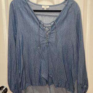 Umgee Denim Blue Lace-Up Blouse